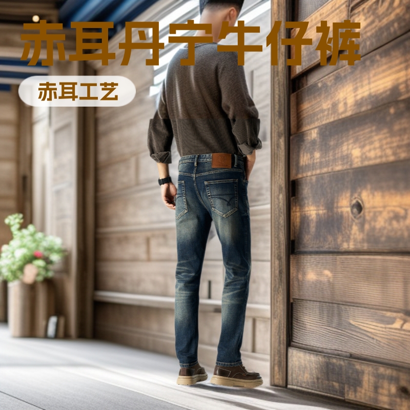 Red-Edged Denim Jeans for Men, Spring and Autumn, Pure Cotton, Slim Fit, Stretch Straight-Leg, 15 oz Stretch Denim Jeans for Men