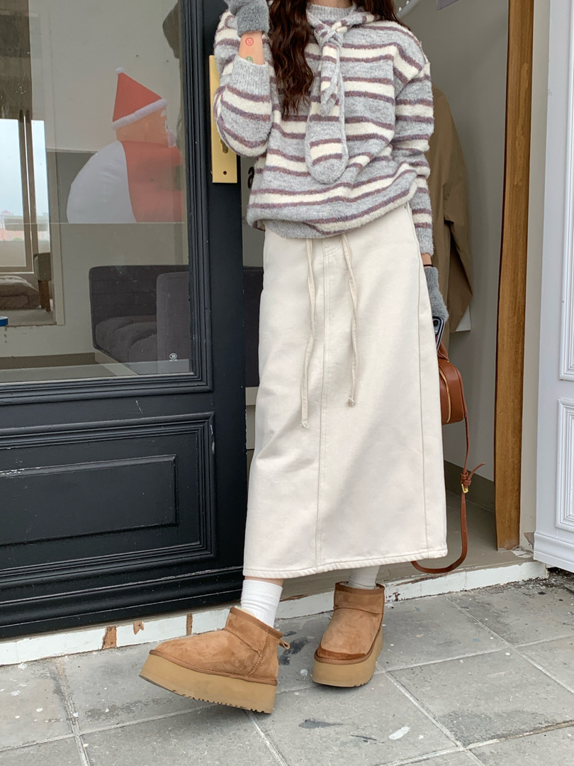 Gagd Retro Velvet Denim Skirt Mid-Length A-Line High Waist Slit Slimming Look Long Skirt for Women