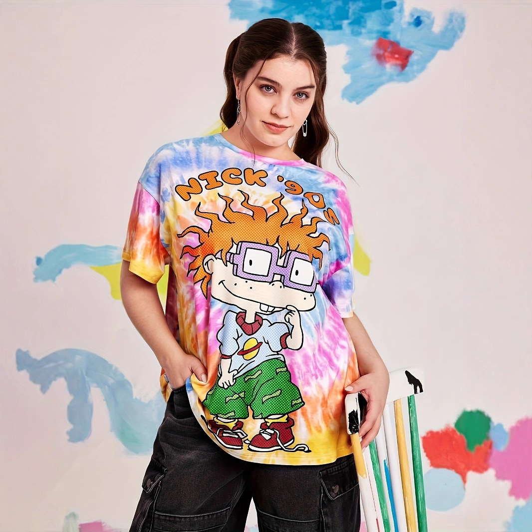 2025 New Summer European and American Cartoon Print T-Shirt Retro Round Neck Short Sleeve Graffiti Colorful Loose Fit for Women