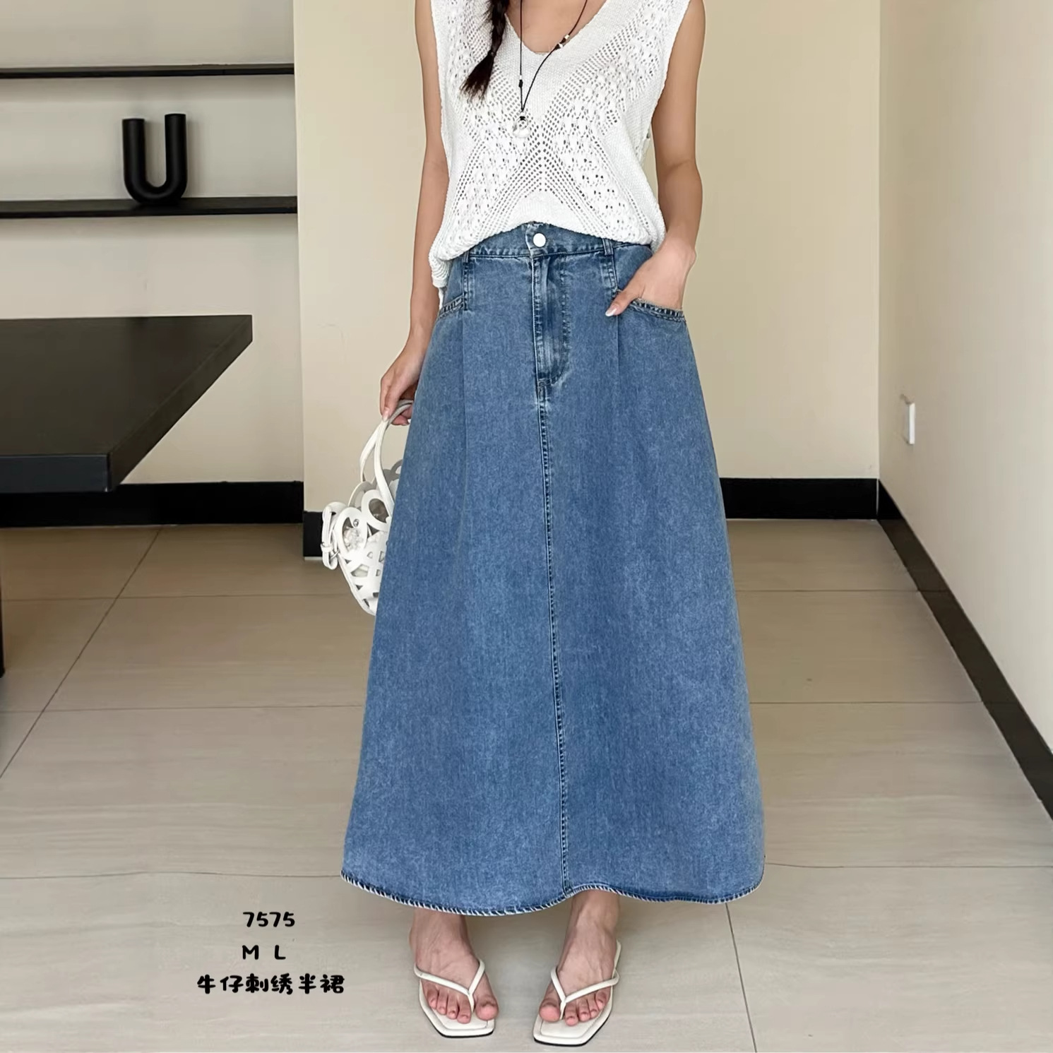 Retro A-Line Denim Skirt for Women 2026 Summer New Design Pleated Versatile Slimming Long Skirt