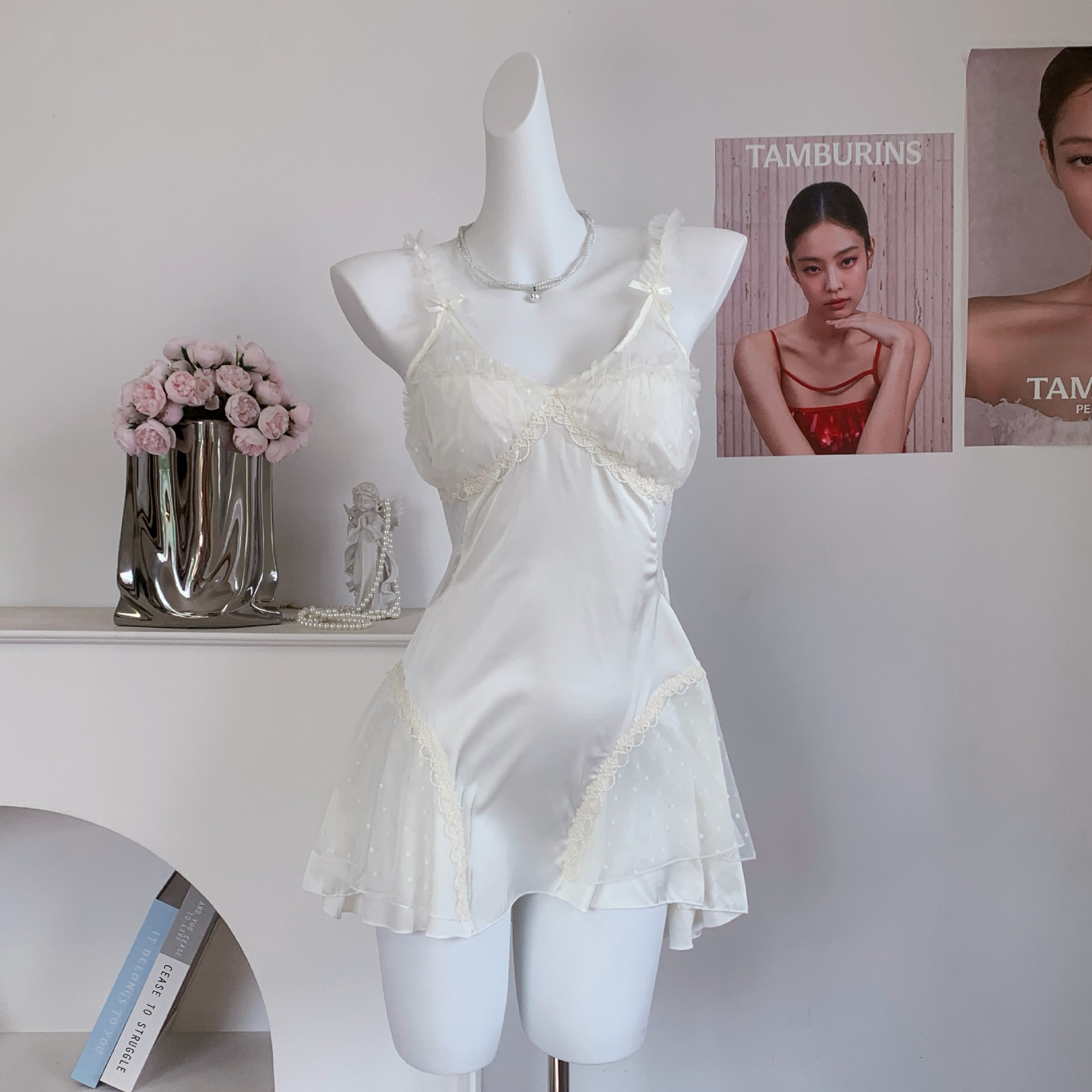 【First Love】Summer New Style Camisole Nightgown, Feminine Pure Desire Lace Dress with Beautiful Back, Thin Ice Silk