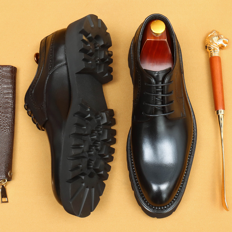 [Vip Exclusive] Black Business Leather Shoes Men's Genuine Leather Pointed Toe Thick Sole Heightening Men's Shoes British Casual Derby Shoes