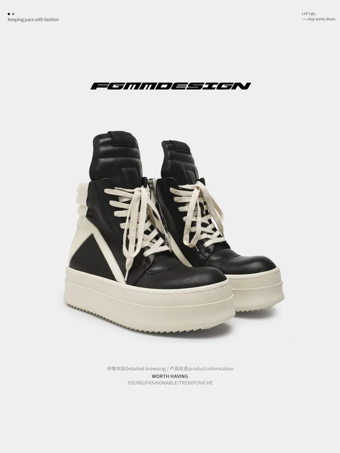 Fgmm European and American High Street Niche Autumn Trendy High-Top Shoes Men's Shoes Zipper Sneakers Thick-Soled Height-Increasing Inverted Triangle Shoes