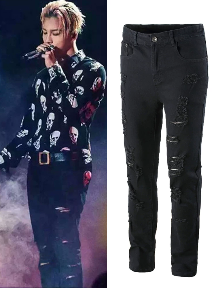 Exo G-Dragon Style Jeans High Street Fashion Men's Ripped Knee Skinny Jeans with Cut-Out Elastic Distressed Pants