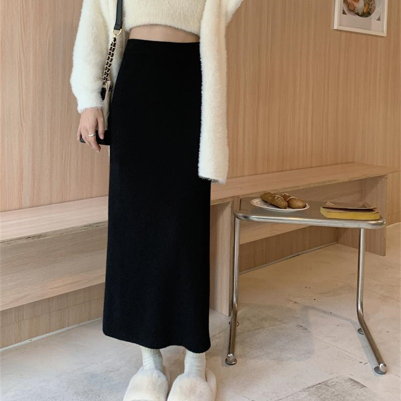 Gray Cashmere Knitted Skirt for Women, Autumn and Winter Style, Small Mid-Length Wool Skirt, Elegant Hip-Hugging Straight Skirt
