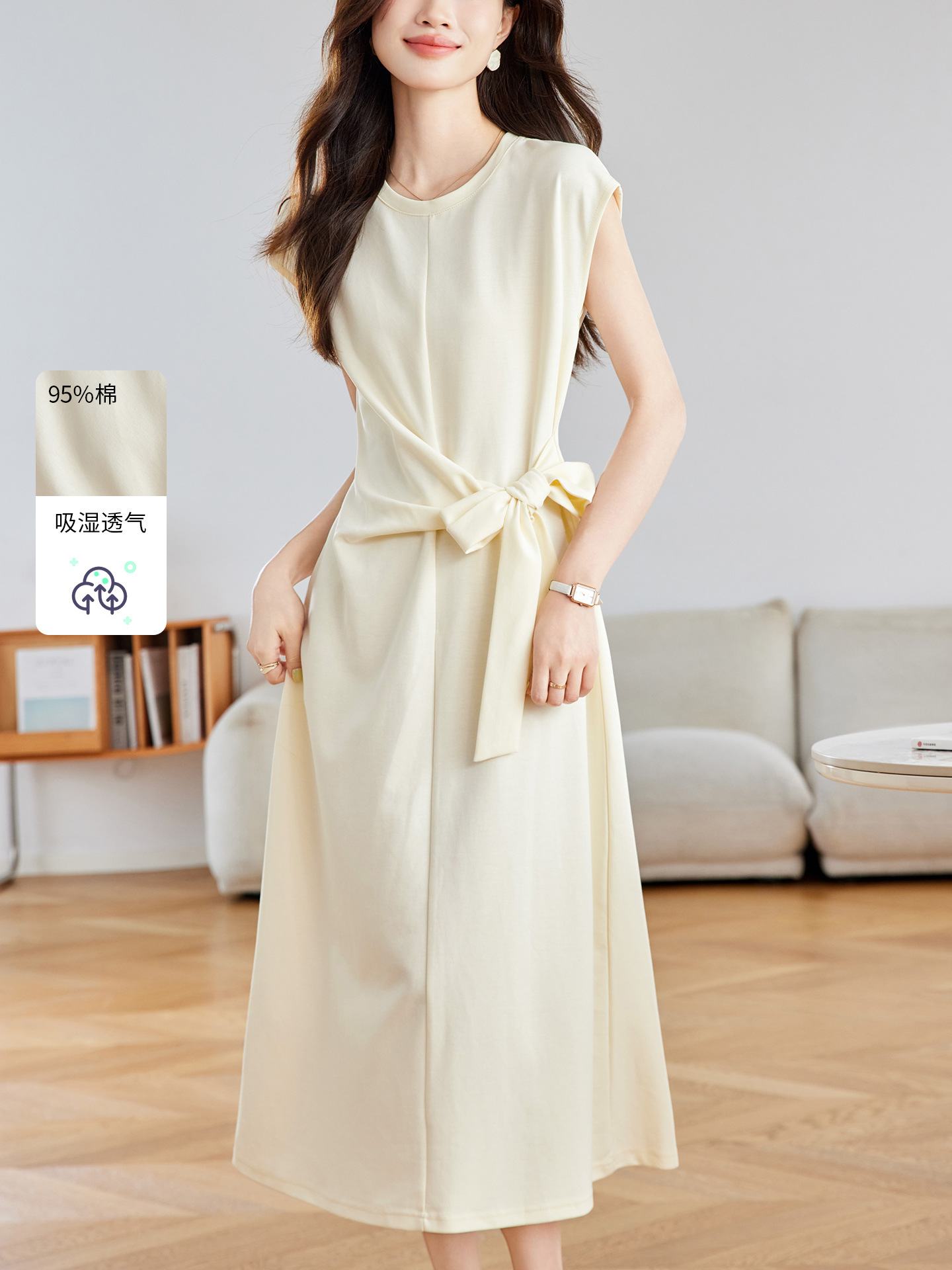 ​ ​ Cotton Cocoon Bow Waist Dress Women's Summer Work Clothing Draped Pure Color Strap Slimming Look Long Skirt ​ ​