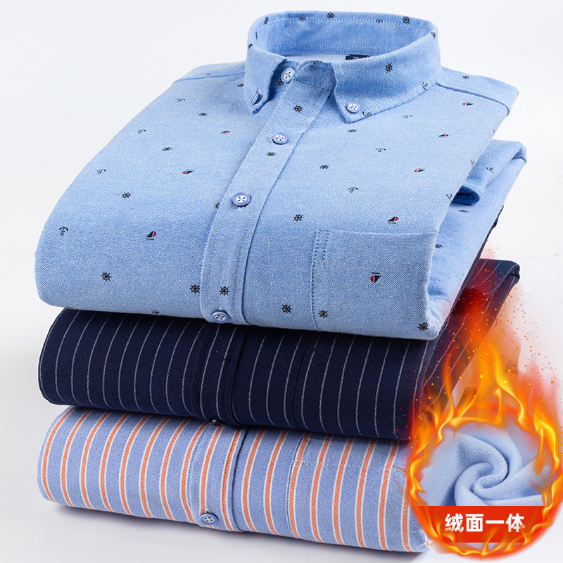 Autumn and Winter Men's Fleece-lined Thickened Warm Long-sleeved Shirt Oxford Spinning Cotton-containing Thermal Underwear Fashion All-match Clothes