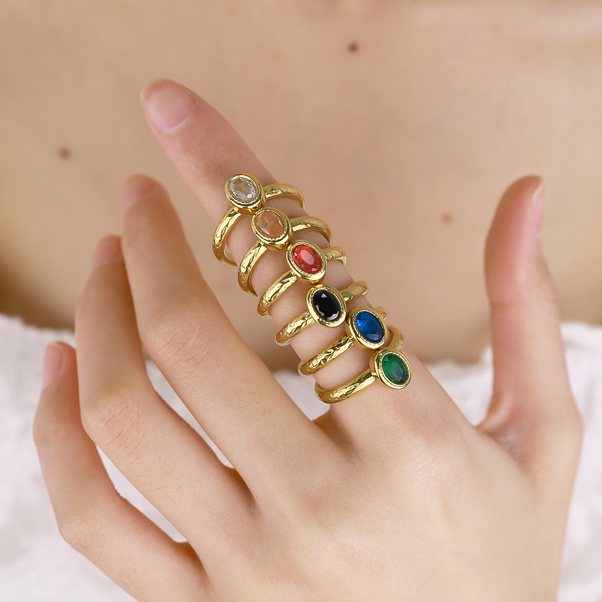 European and American French Retro Style Colorful Zircon Stainless Steel Ring, Simple Open Adjustable Ring for Women