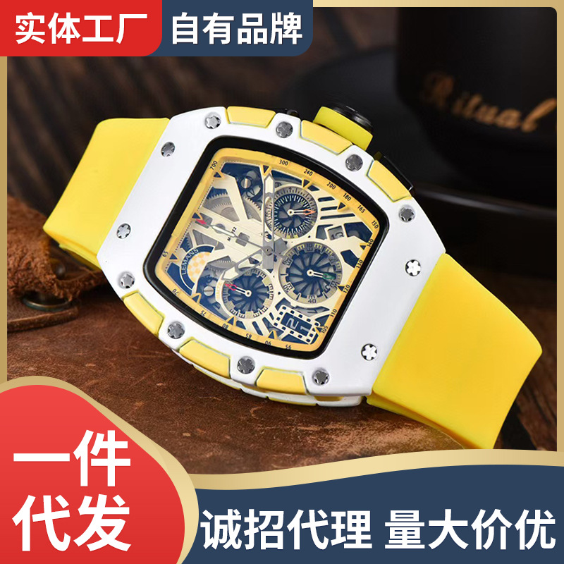 2024 Cross-border New Barrel-shaped Hollow Luminous Six-pin Multifunctional Running Seconds White Pottery Fashion Quartz Men's Watch