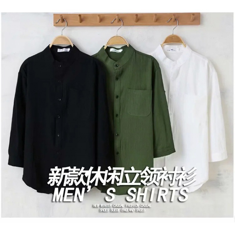 Spring and Summer Cotton Linen 7 Seven-point Sleeve Shirt Men's Linen Round Neck Solid Color Mid-sleeve Korean Fashionable Short-sleeved Shirt Trendy