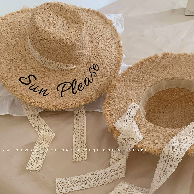 Sun Hat French Hepburn Style Lace Raffia Hat Women's Summer Flat Top Hat Beach Seaside Large Brim Hat
