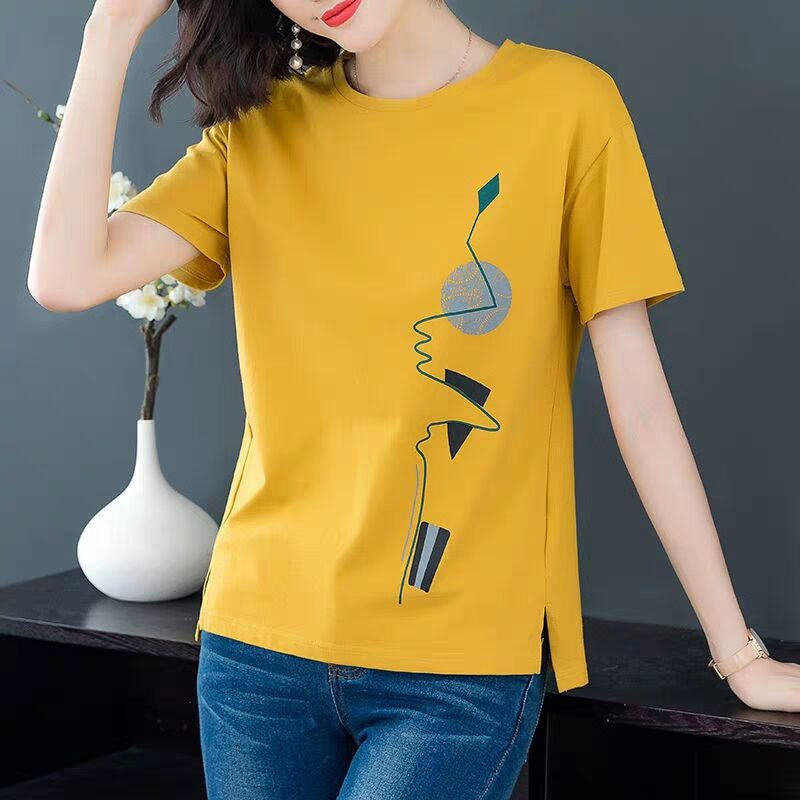 Short-Sleeved T-Shirt for Women 2026 New Style Summer Korean Style Loose Large Size Plus-Size Artistic Printed Top Trendy
