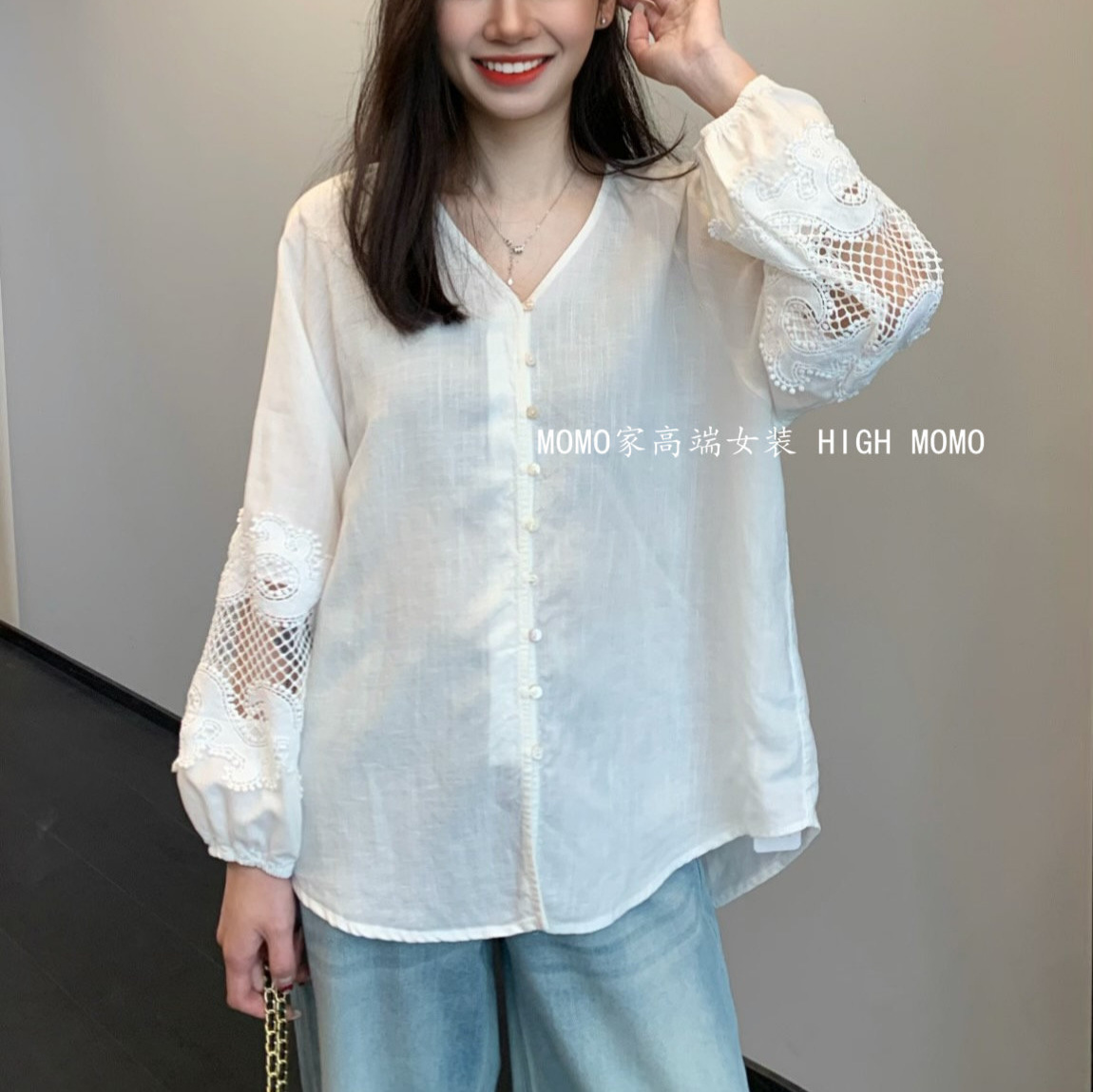 French Gentle Style~Tencel Linen Lightweight Breathable V-Neck Hollow-Out Top Loose Lace Shirt for Women 26 Spring/Summer