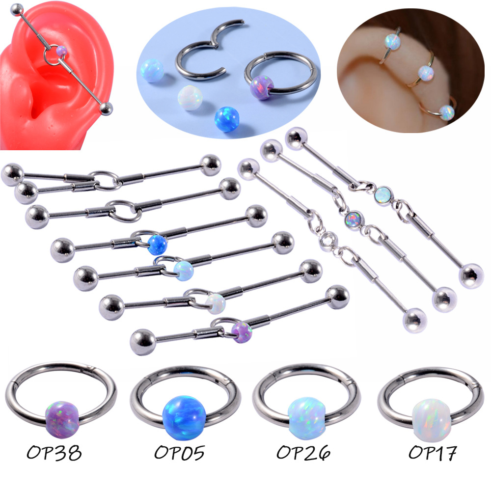 Cross-Border New Industrial Barbell Earrings Double Ear Hole Opal Stainless Steel Bridge Earrings Opal Nose Ring Ear Bone Ring