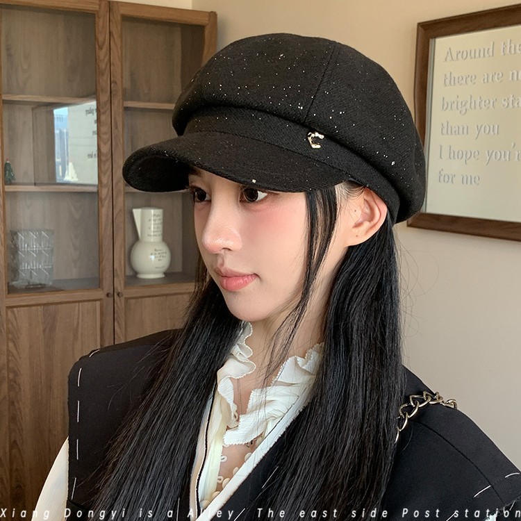 Women's Duckbill Beret Hat, New Autumn and Winter Style Newsboy Cap, Face-Slimming Octagonal Hat, Korean Style Painter's Hat with Starry Sequins, Trendy