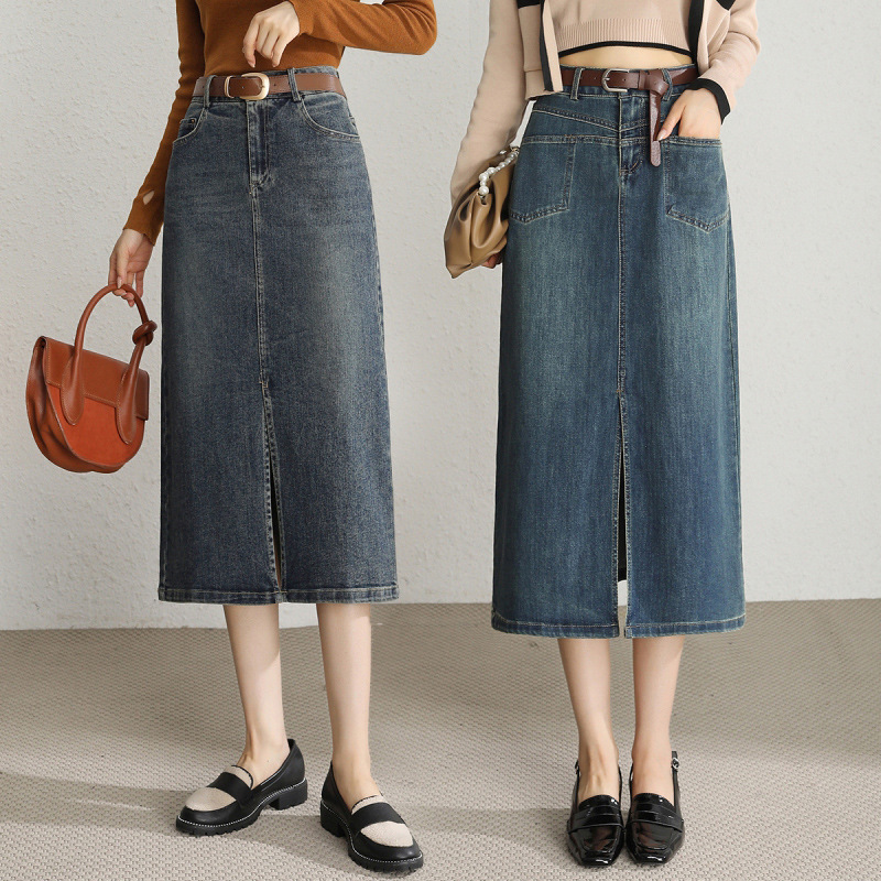 High quality retro A- line skirt for women Spring and Autumn New High waist hip skirt split mid-length Denim skirt
