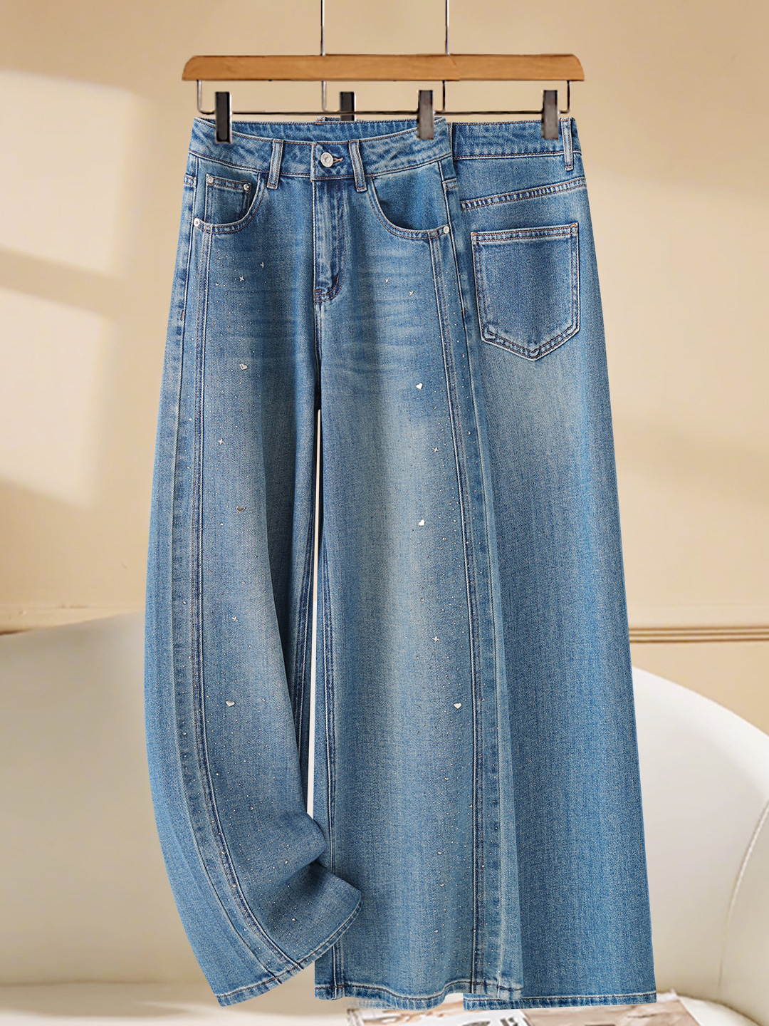 Women's Straight-Leg Jeans with Rhinestones, Spring/Summer, Petite Size, Lyocell, Cropped, Rhinestone-Embellished, Wide-Leg, Loose-Fitting, Banana-Style Jeans