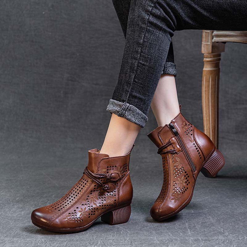 Spring hollow-out leather boots mid heel soft bottom soft surface top layer cowhide low tube breathable closed toe retro women's boots hole shoes