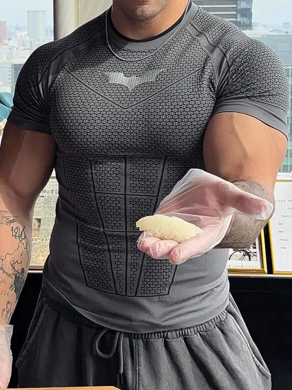 American Youngla Batman Logo Tight-Fitting Muscle-Showing Short-Sleeved Men's Fitness Slim-Fit Quick-Drying Breathable T-Shirt