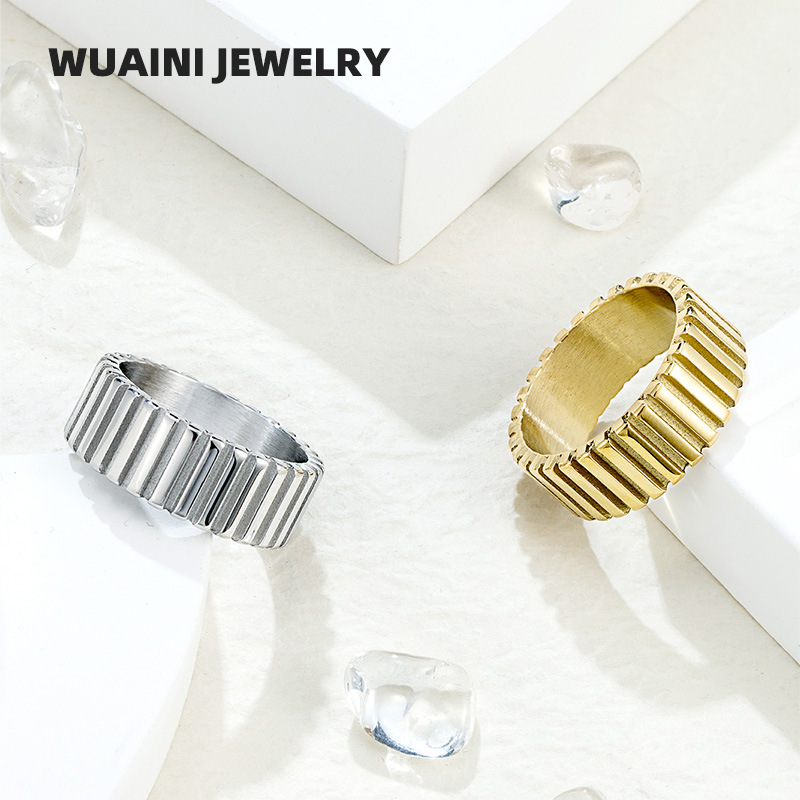 Cross-border Wide Face Gear Ring Titanium Steel Electroplated 18k Gold Overlapped Food Ring Female Niche High-grade Non-fading Accessories