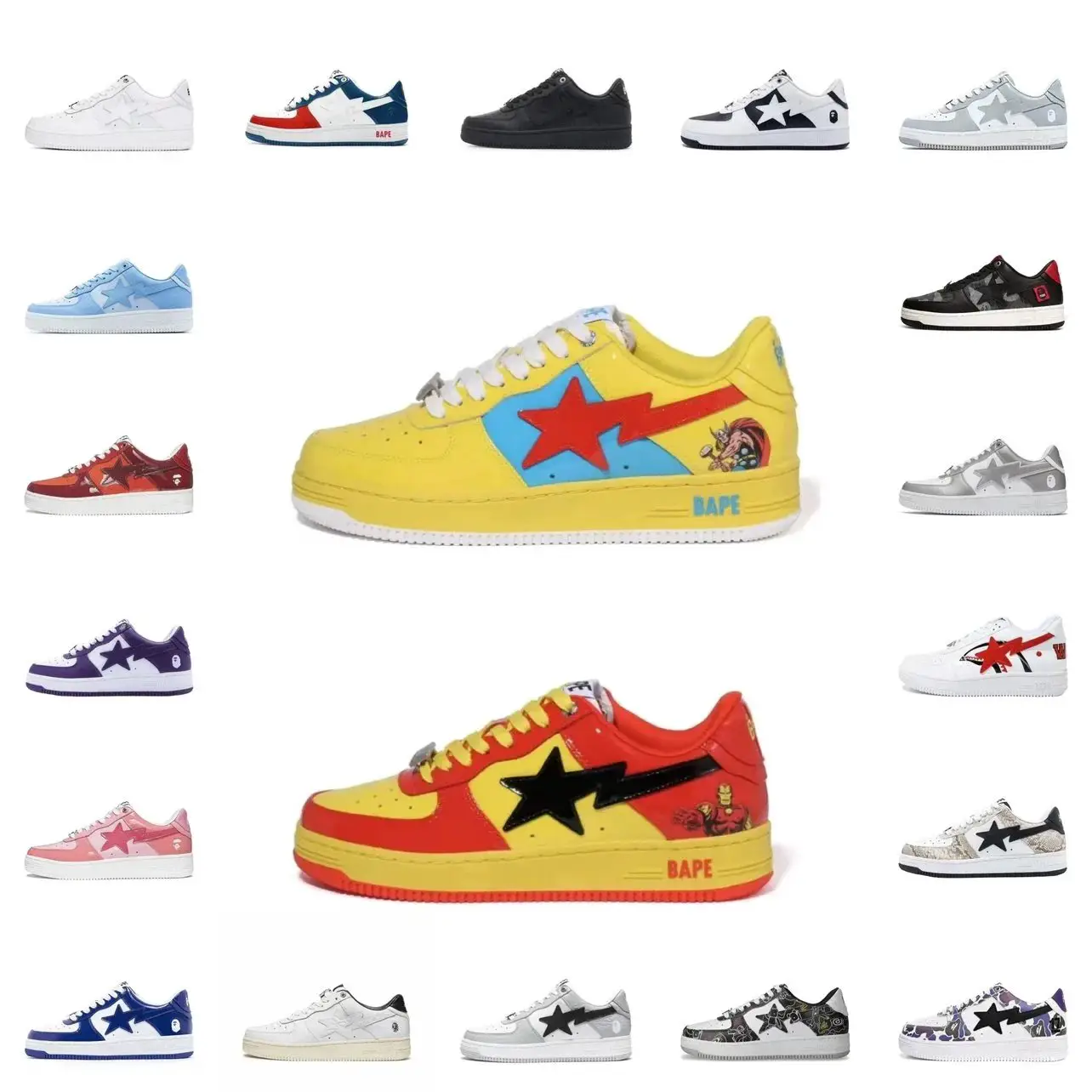 P Marvel co-branded x Bathing Ape Sta Trendy versatile casual fashion type white black widow purple white silver green patent leather Iron Man red white blue orange black millennium generation cloud white Thor black and white panda red and black camouflage bosses yellow blue snake print 17th Anniversary black pure white gray and white pink cool blue patent leather boardshorts