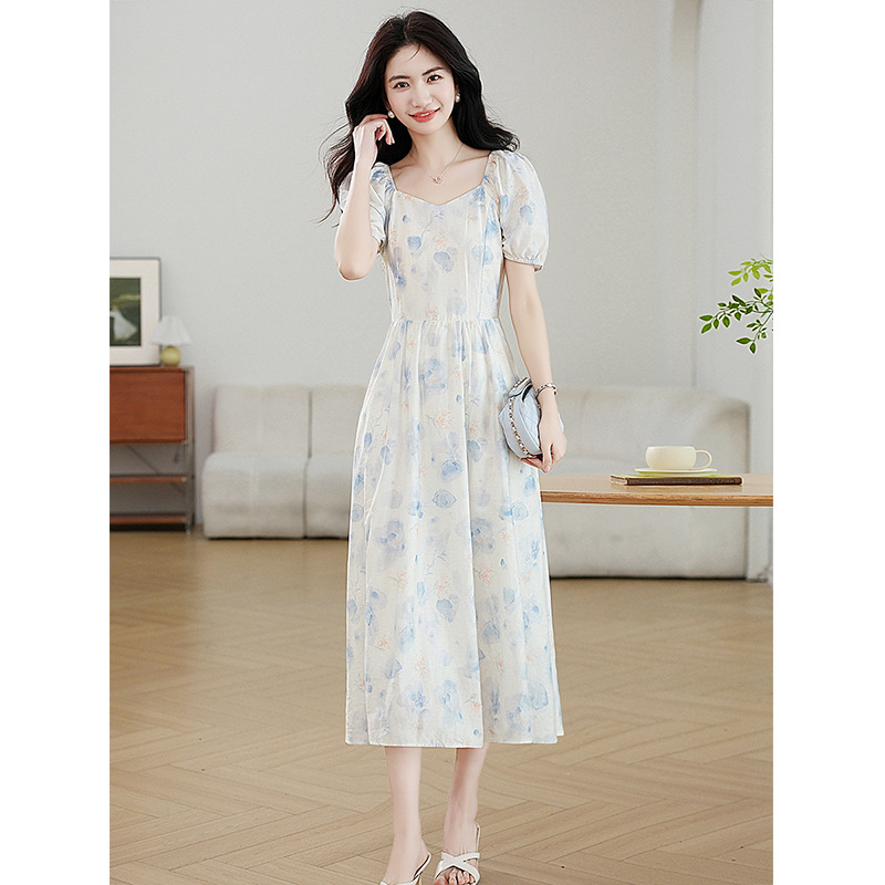 French-Style Square-Neck Gentle Floral Dress, Elegant Dress for Women, 2026 Summer New Style, Puff Sleeves, Super Fairy-Like Dress