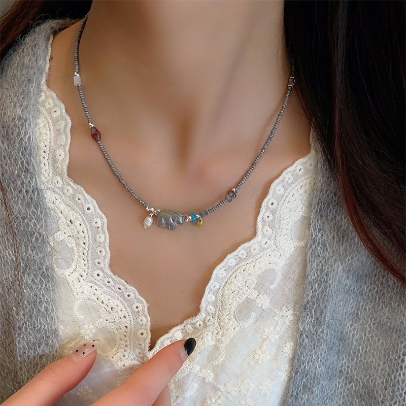 Little Elephant Light-Collecting Necklace Spring Edition Imported Milk Gray Czech Beads Cool and Fresh Vintage Healing Double Layer Clavicle Chain
