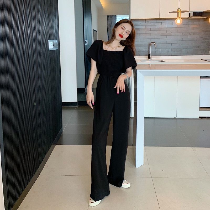 2025 New Summer Korean Style Off-Shoulder One-Line Collar Jumpsuit Women's Bubble Short-Sleeved High-Waist Slim Wide-Leg Pants Suit