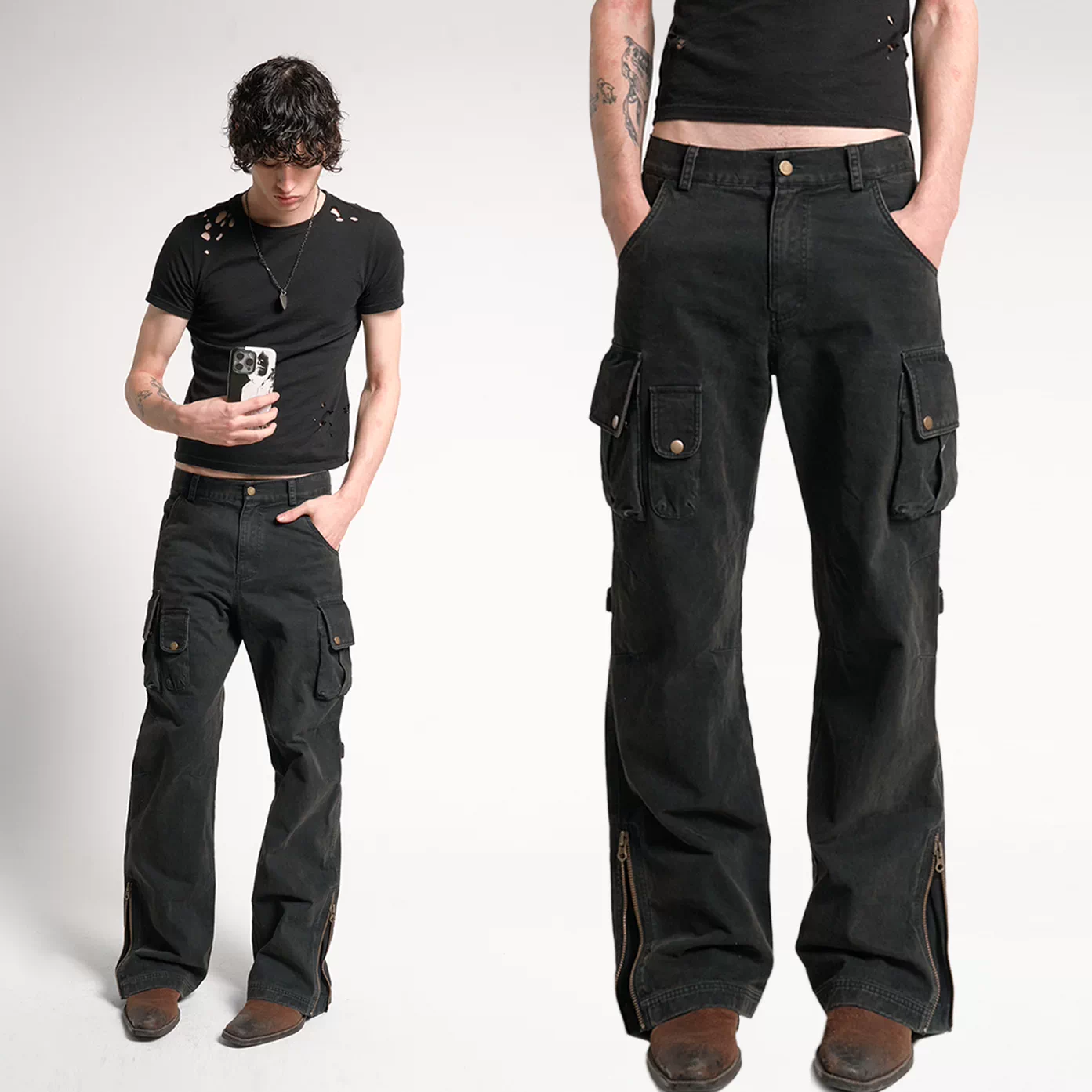 NoEmosen (noE) Blue Black Washed Multi Pocket Heavy duty Cargo Adjustable Micro Pull Street Canvas Pants