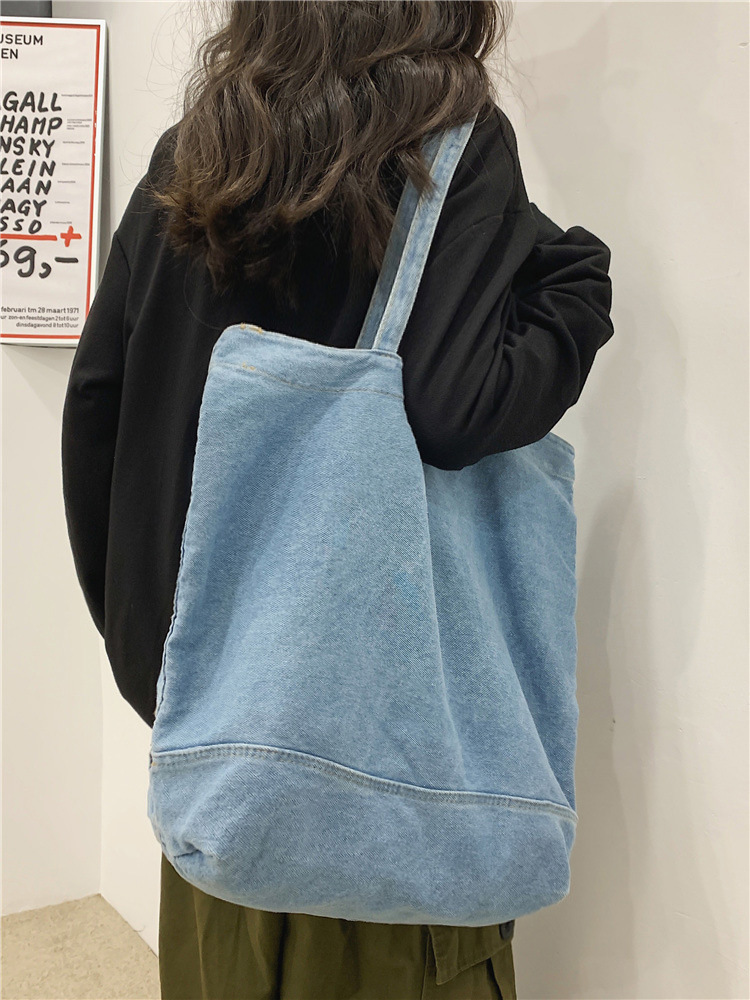 2026 New Hong Kong Style Ins Fashion Denim Tote Shopping Bag Girl's Shoulder Bag Large Capacity Student Backpack