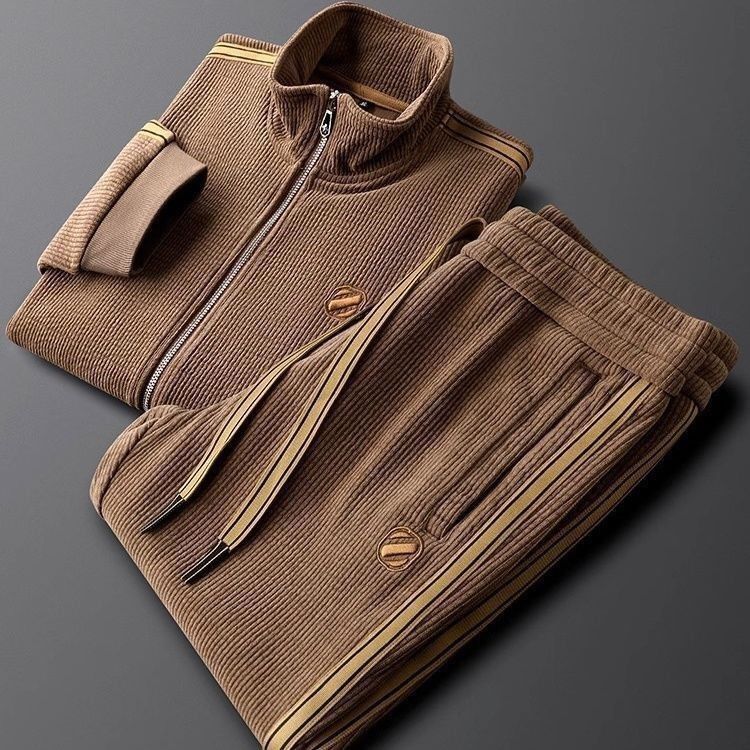 Light Luxury Autumn and Winter Warm Solid Color Casual Sports Suit Slim Trendy Jacket Men's Straight Striped Two-Piece Set