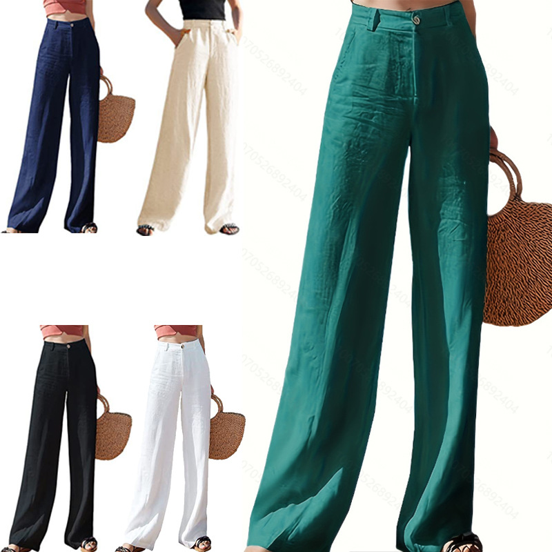 2026 European and American Women's Fashion Cross-Border Amazon Linen Wide-Leg Casual Pants Loose Cotton-Linen High-Waisted Straight-Leg Pants for Women