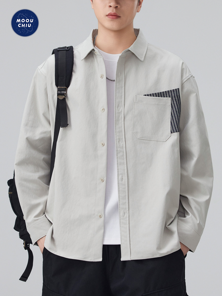 Muqiu Men's Wear | American Retro Lazy Style Color-Block Patchwork Pocket Long Sleeve Shirt Men's Trendy Loose Workwear Shirt
