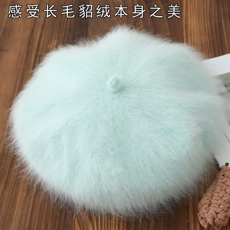Long-Haired Mink Beret Women's Mink Fur Octagonal Hat Pumpkin Hat Versatile Knitted Hat Warm Stewardess Hat Customization