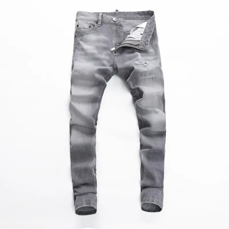 High Street Fashion Ripped Men's Jeans Distressed Gray Washed Patchwork Slightly Stretchy Slim Fit Trendy Brand Skinny Pants for Men