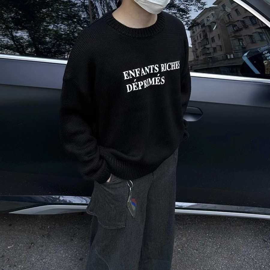 Erd Melancholic Rich Second-Generation Handmade Thick Needle Printing Simple Heavy Loose Lazy Sweater for Men and Women