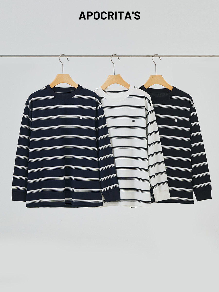 Apo Men's Clothing | Cross-Border Men's Long-Sleeve T-Shirt, Spring Trendy Brand, Loose Fit, Round Neck, Color-Blocked Striped Base Layer Top.