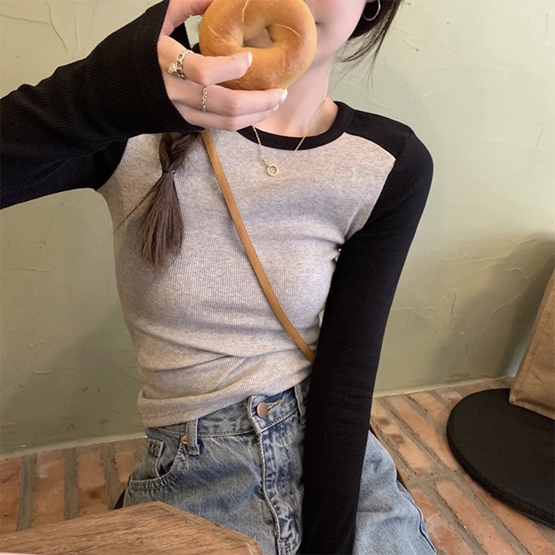 Women's Long-Sleeved T-Shirt with Regular Shoulders, New Autumn Style, Inner Layer Base Shirt, Slim Fit Short Top, Ribbed Sweet and Spicy Style