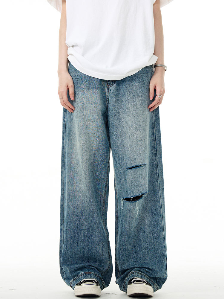 American Style Retro cleanfit Blue Ripped Jeans Men's and Women's Casual All-match Loose Washed Straight Pants Trendy