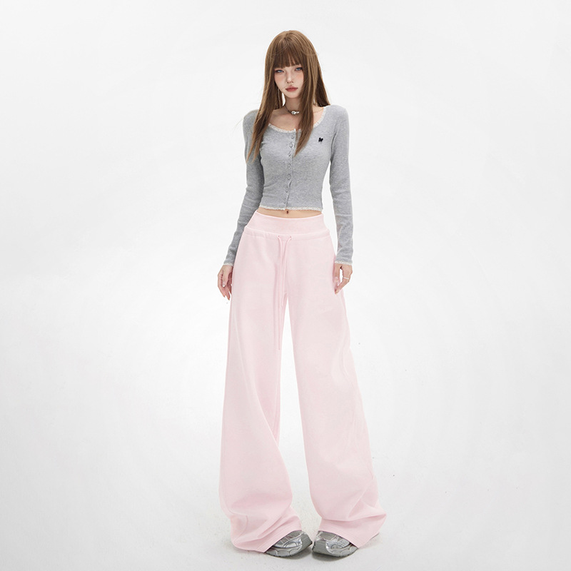 Lazy-style Loose Wide-leg Pants Women's Pink Pumpty Dipped Drawstring Design Sense Casual All-match Straight Pants
