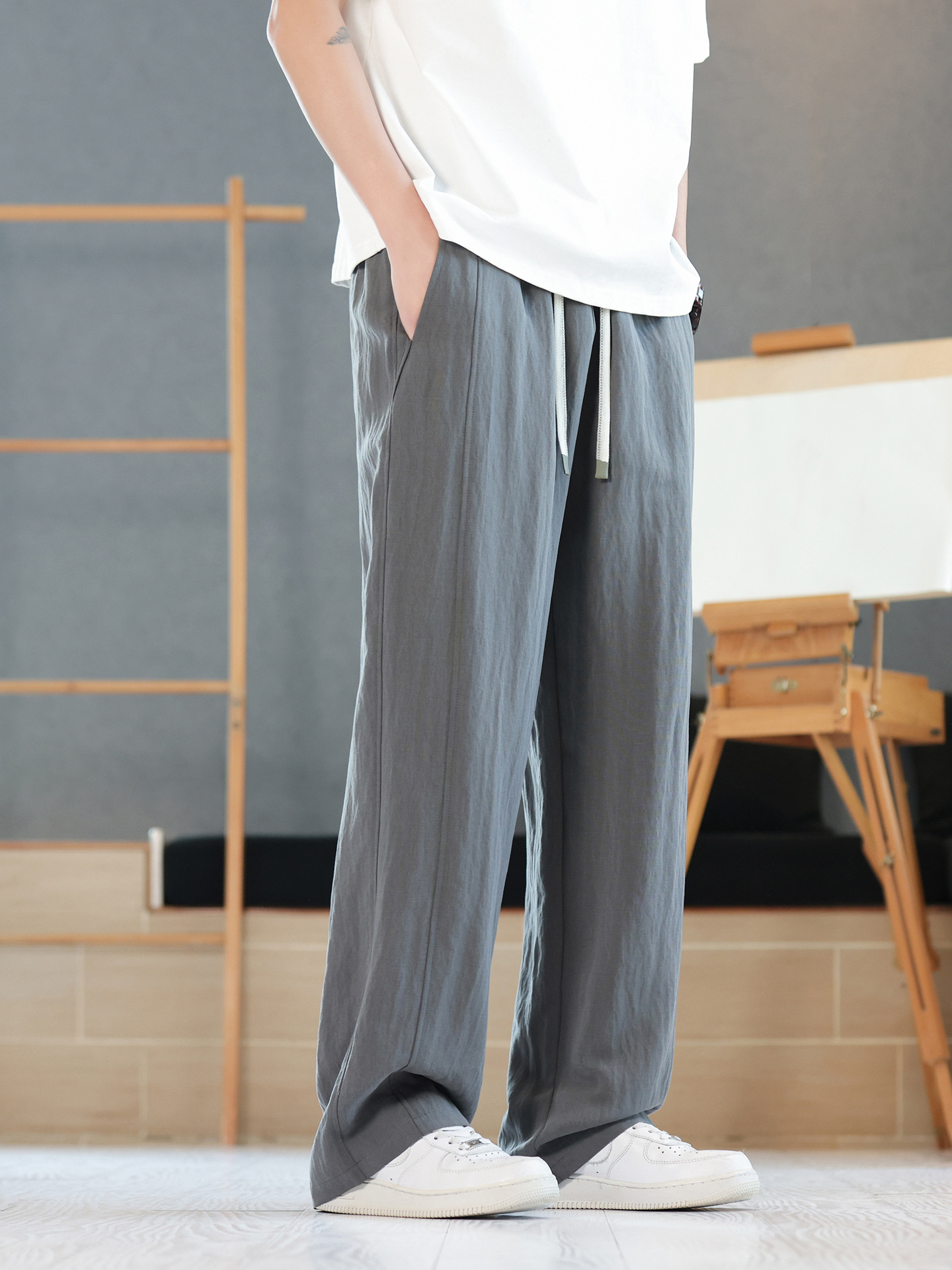 Jianheng High-End Linen Pants for Men, Thin Summer Straight-Leg Pants, Cotton-Linen Trendy Retro Casual Sports Pants