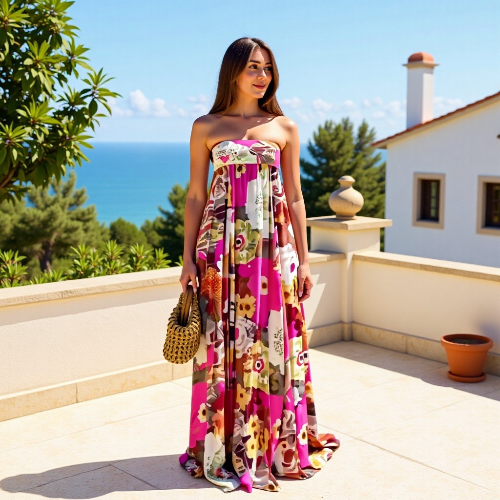 Amazon 2025 Summer European and American Printed Strapless Dress for Women, Elegant, Sexy, Lazy Style, Beach Vacation Dress