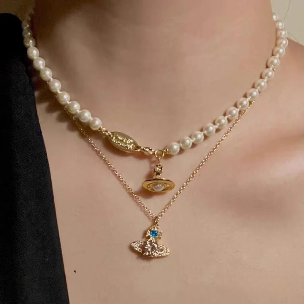 Empress Dowager Enamel Gilt Solid Green Saturn Pearl chocker Clavicle Chain Punk Vintage Stacked Necklace