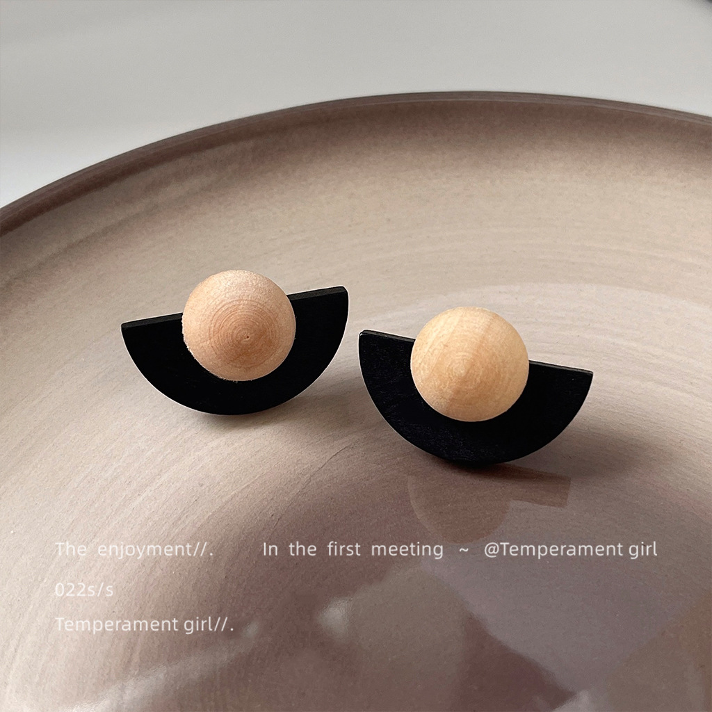 Autumn Collection~Silver-Plated Wooden Geometric Semi-Circle Earrings with a High-End Feel, Personalized Earrings, Factory Wholesale Earrings