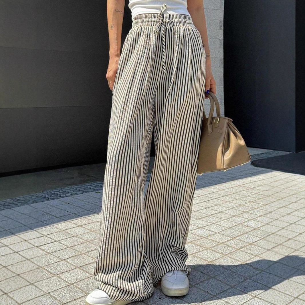 2025 Cross-Border Design Vertical Striped Yamamoto Straight-Leg Pants for Women, Summer Lazy High-Waisted Loose Casual Walking Pants for Women
