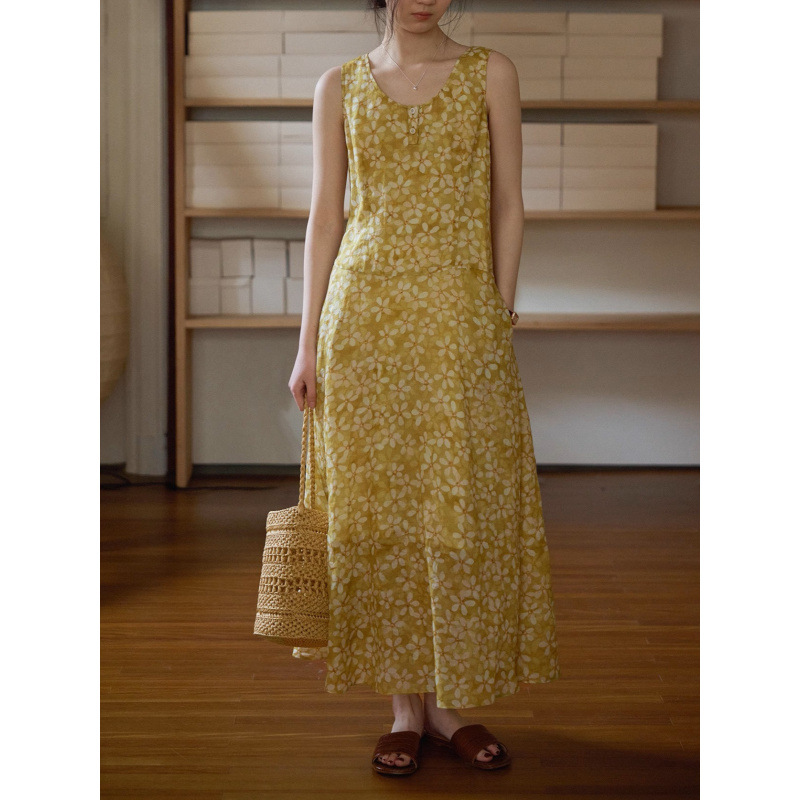 French Seaside Vacation Age-Reducing Summer and Autumn New Cotton Temperament Sleeveless Vest Floral Dress for Women Summer