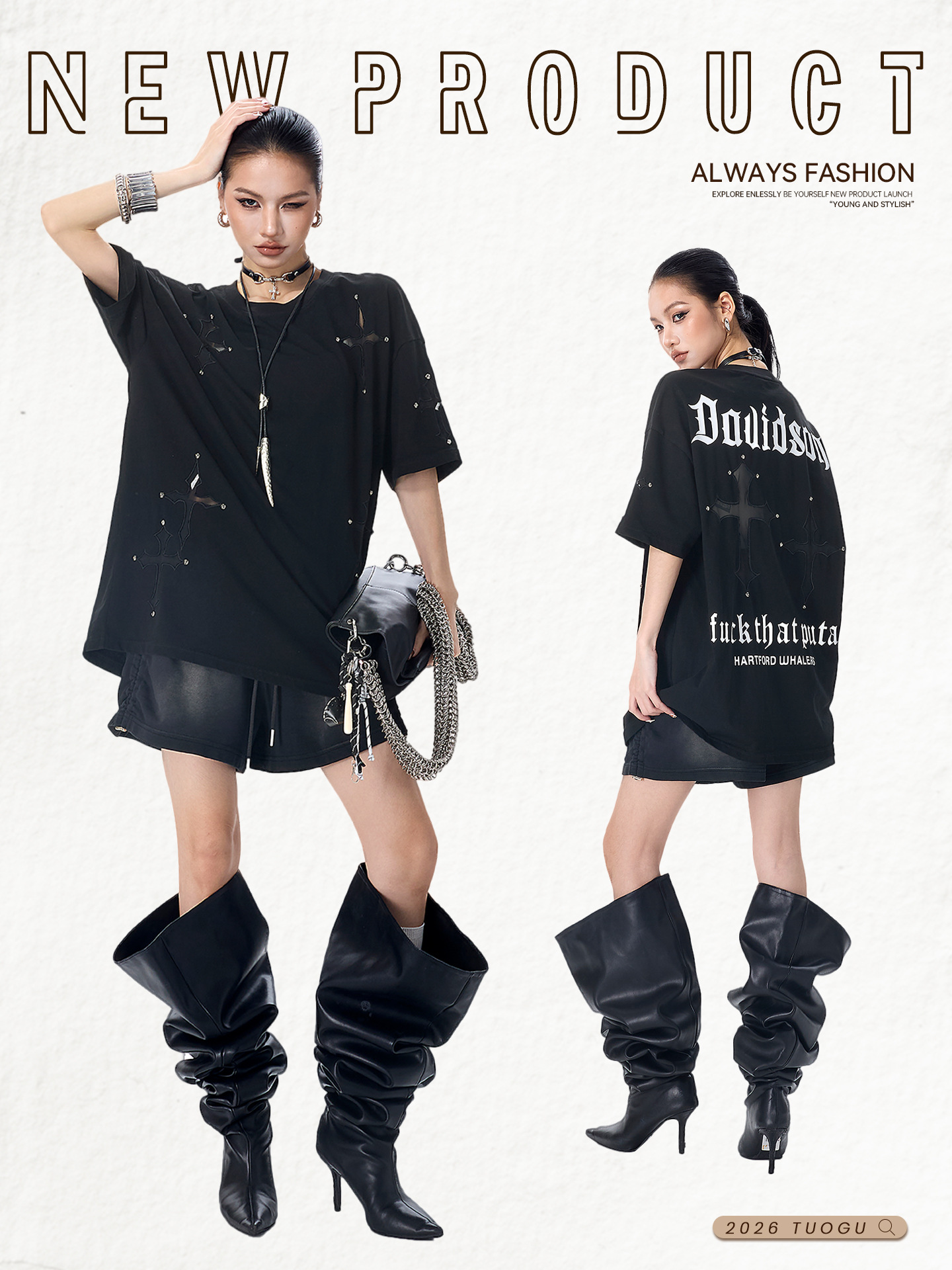 Tuogu American High Street Fashion Brand Black Short-Sleeved Women's T-Shirt Summer Loose Embroidered Letter Print Oversize Top