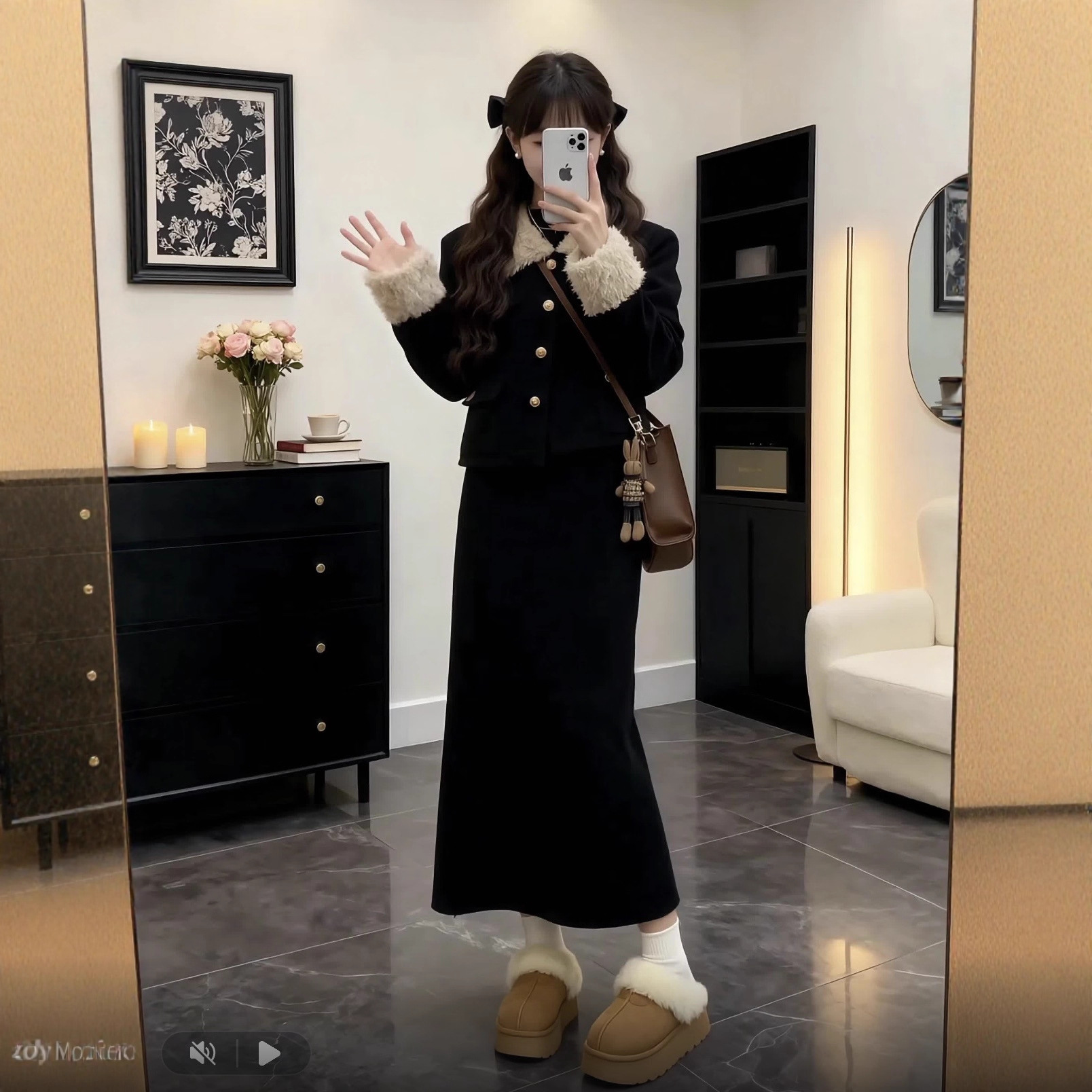 Plus Size Women's Clothing 2026 Winter Super Hot Matchinging a Complete Set of High-End Lamb Wool Right Shoulder Jacket Two-Piece Suit Skirt