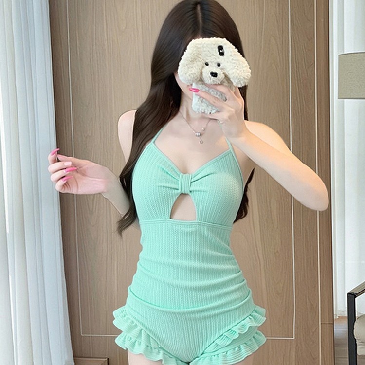 Women's One-Piece Cut-Out Halter Neck Swimsuit, Solid Color, Fresh Style, Backless Design, Pure and Alluring, Suitable for Island Vacations and Hot Spring Bathing, Wholesale