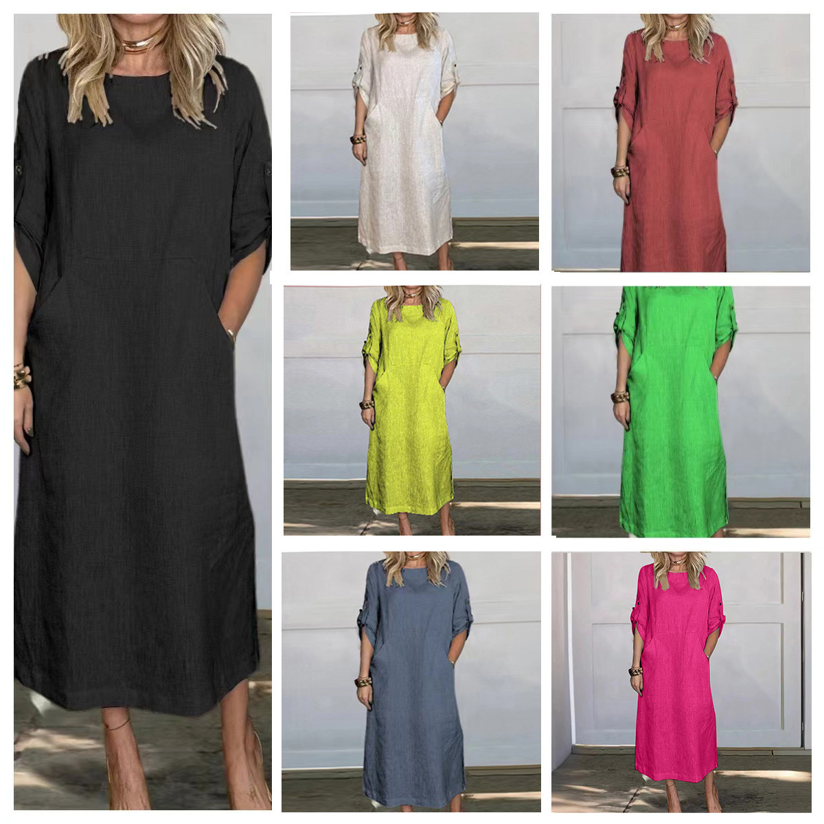 Amazon New 2024 Europe and the United States Cross-border Europe and the United States Summer Wind Loose Casual Solid Color Short-sleeved Cotton and Linen dress